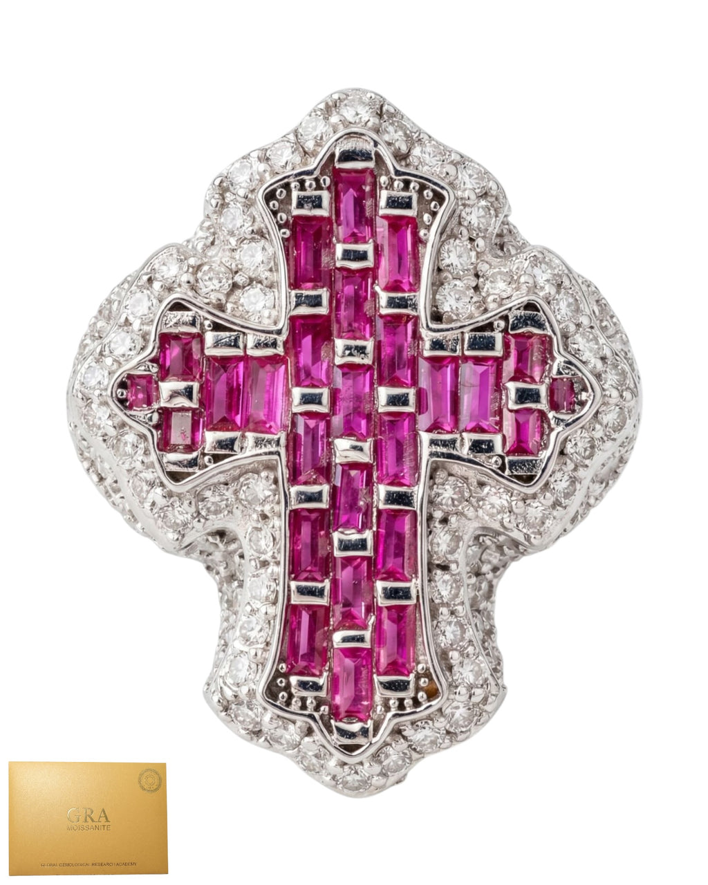 Anillo cruz baguette color rubí moissanita