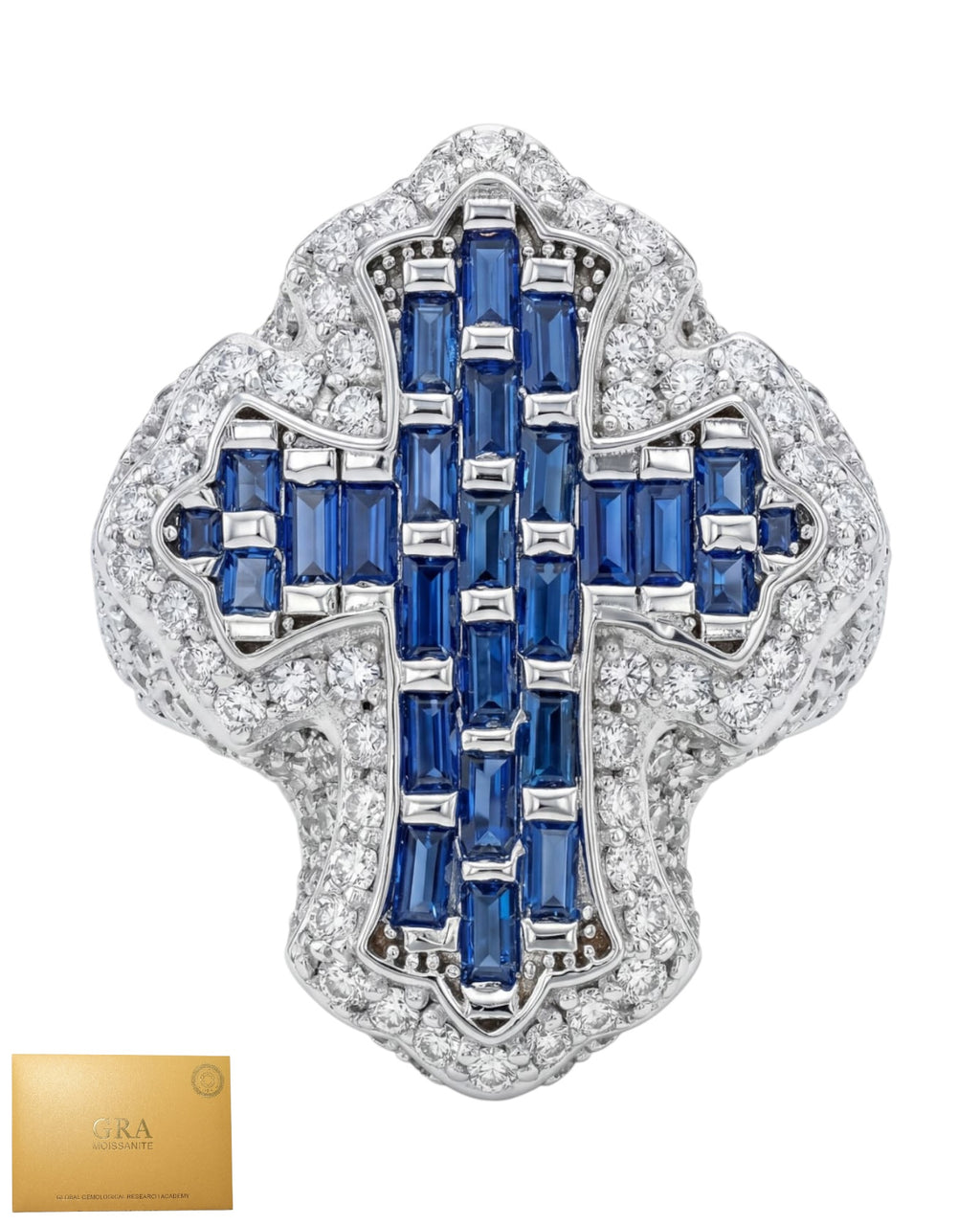 Anillo cruz color azul moissanita