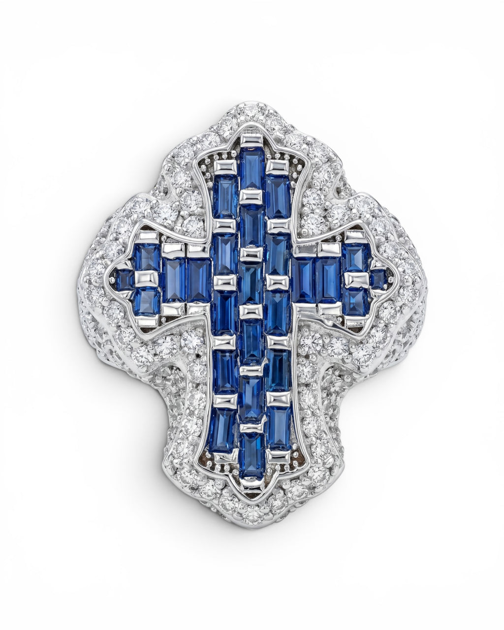 Anillo cruz color azul moissanita